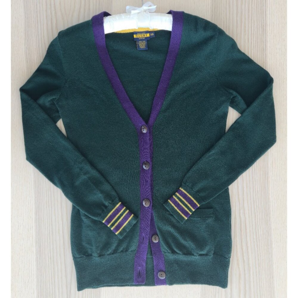 Rugby Ralph Lauren Green Cardigan with Purple Trim and Yellow Stripe Cuffs